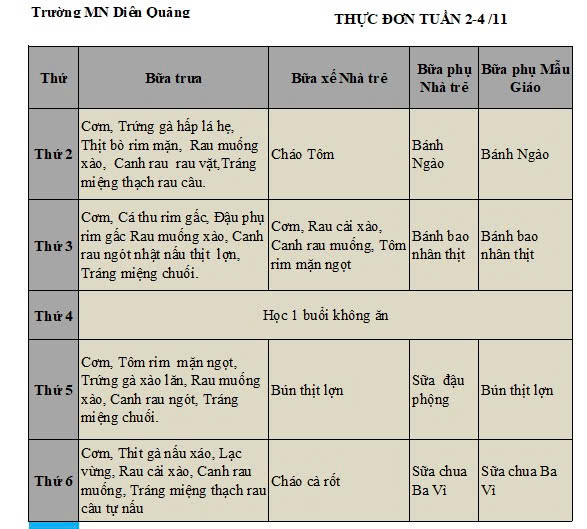 Thực đơn tuần 2-4 tháng 11 năm 2024